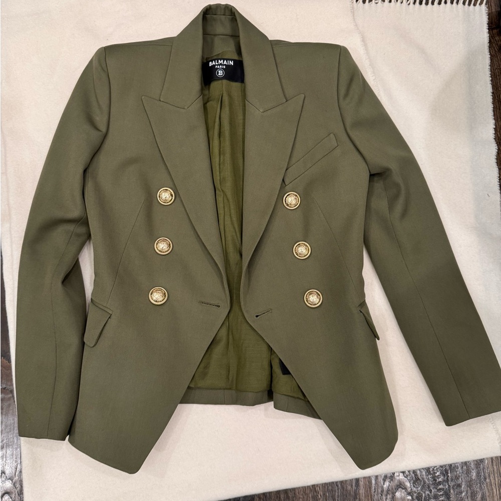 Balmain Khaki Double-Breasted Blazer with Gold Buttons